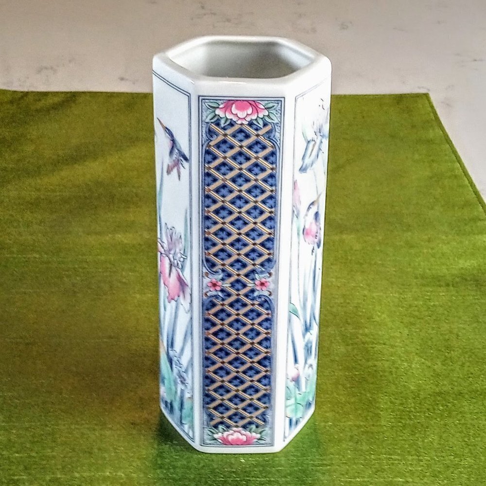 Vintage FTD Hexagonal White Floral Porcelain Vase